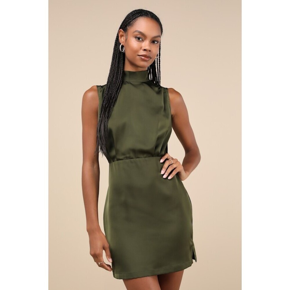 New with tags Lulus Classic Elegance Olive Satin Sleeveless Mock Neck Mini Dress